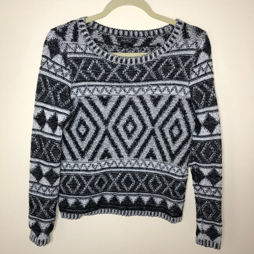 Lucky Brand Jacquard Black & White Geo Print Long Sleeve Sweater Y2K Classic